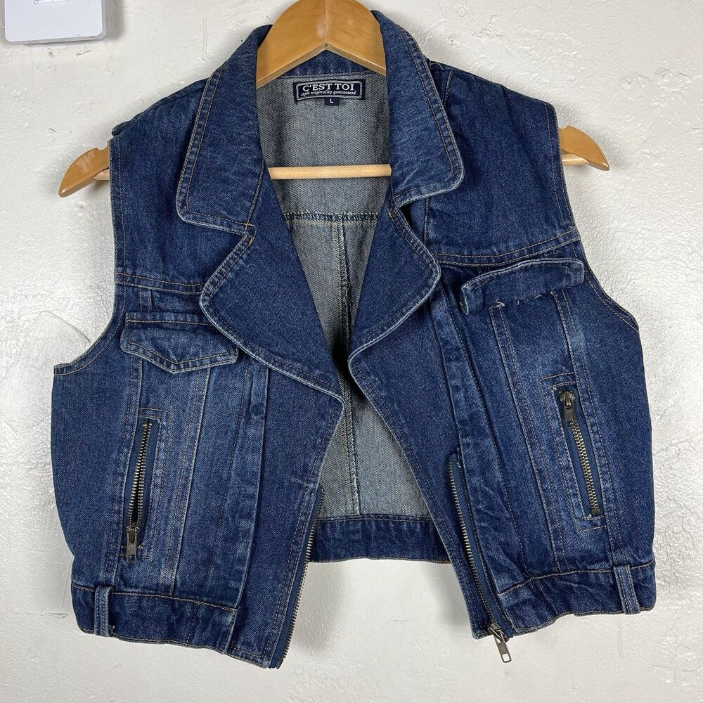 Vintage C’est Toi Denim Moto Vest Women’s Large Blue Zip Front Sleeveless Jean - Picture 10 of 12